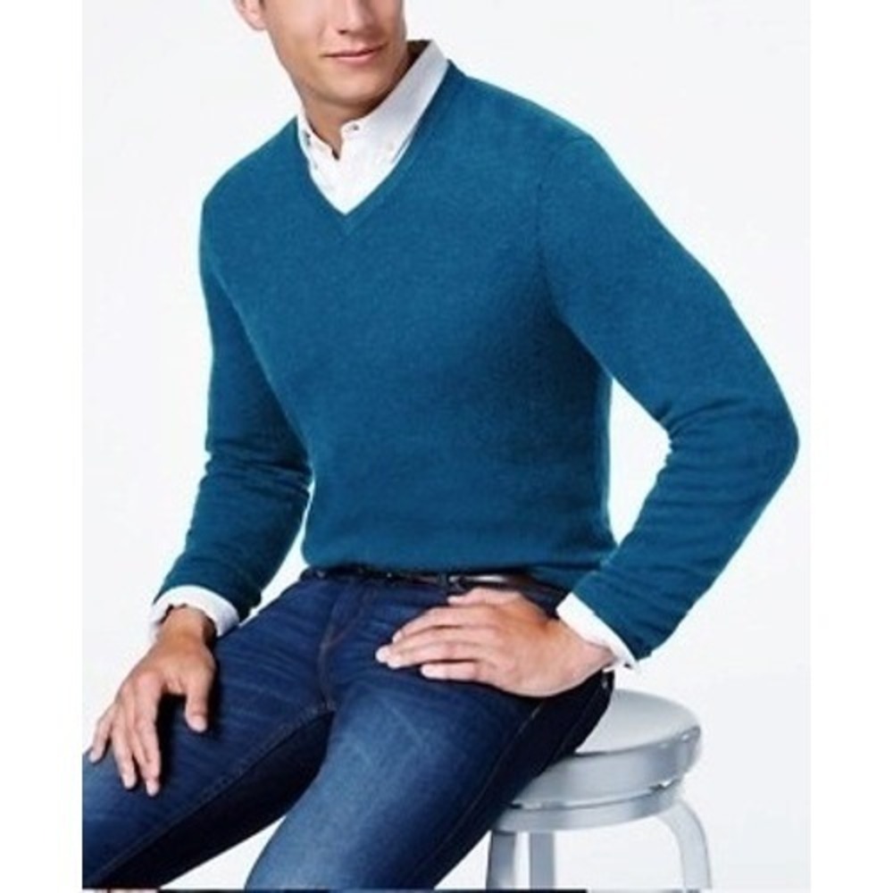 Club Room Cashmere Sweater V-Neck XL Peacock Heather Blue Quiet Luxury Pullover